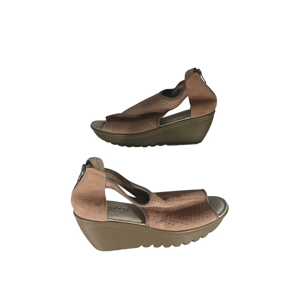 Skechers Wedge Sandals 8 Tan Perforated Memory Foam Boho Peep Toe Zipper Back